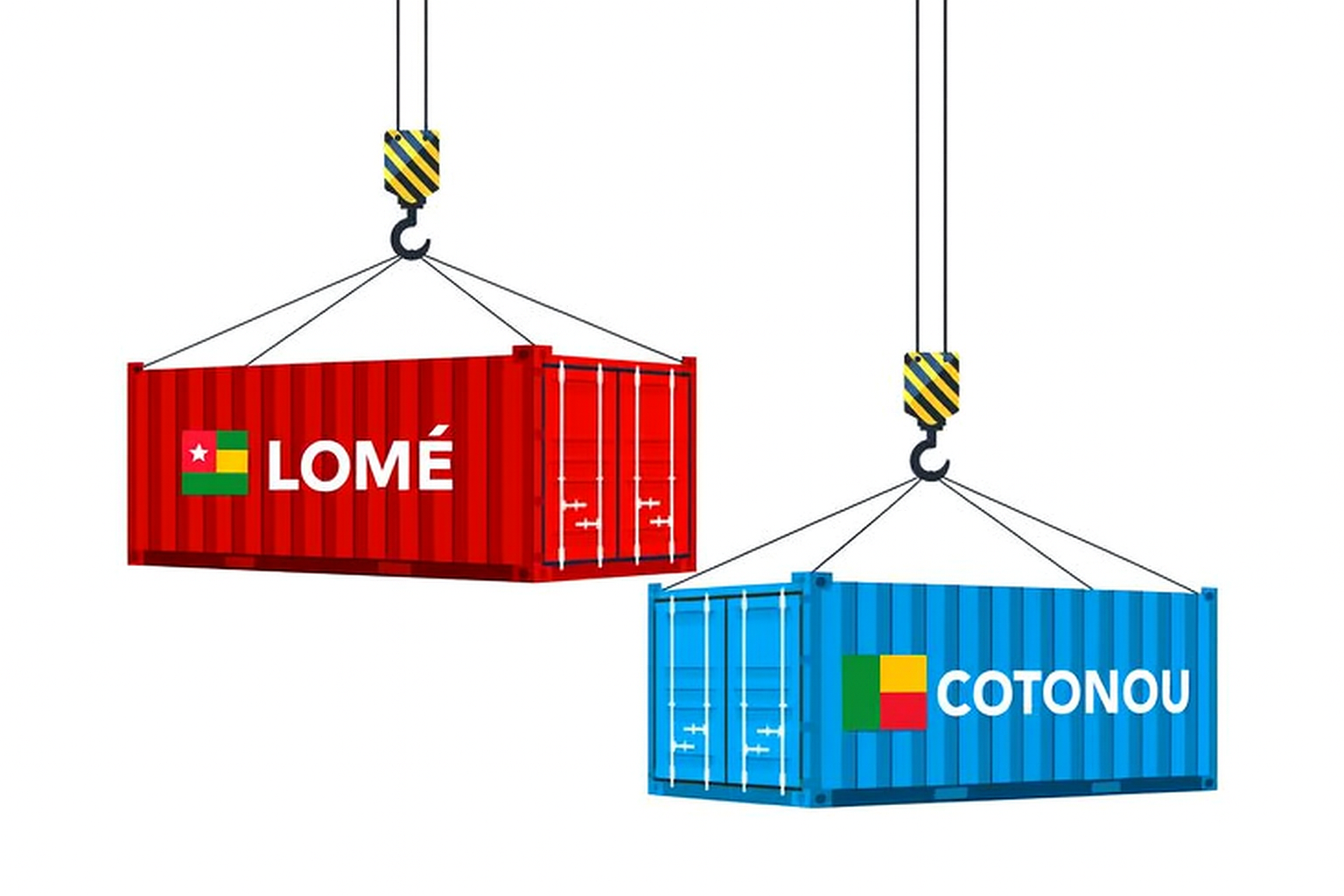 Conteneurs LOMÉ et COTONOU avec drapeaux Togo et Bénin